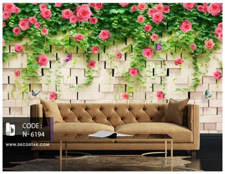 پوستر دیواری طبیعت طرح دیوار آجری با گل های صورتی کد N-6194